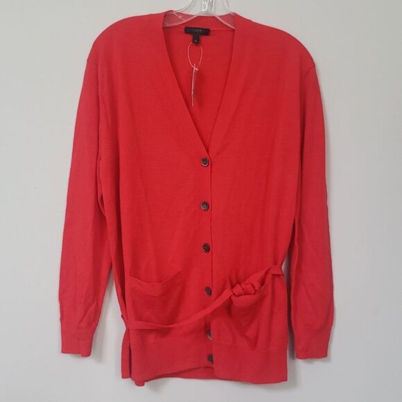 J Crew Cardigan Sweater Womens Small Belted Merino Wool Red Holiday Office Party - Picture 1 of 7